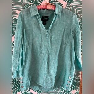 Tahari 100% Linen tunic top teal long sleeve sz M buttons in the side Guc